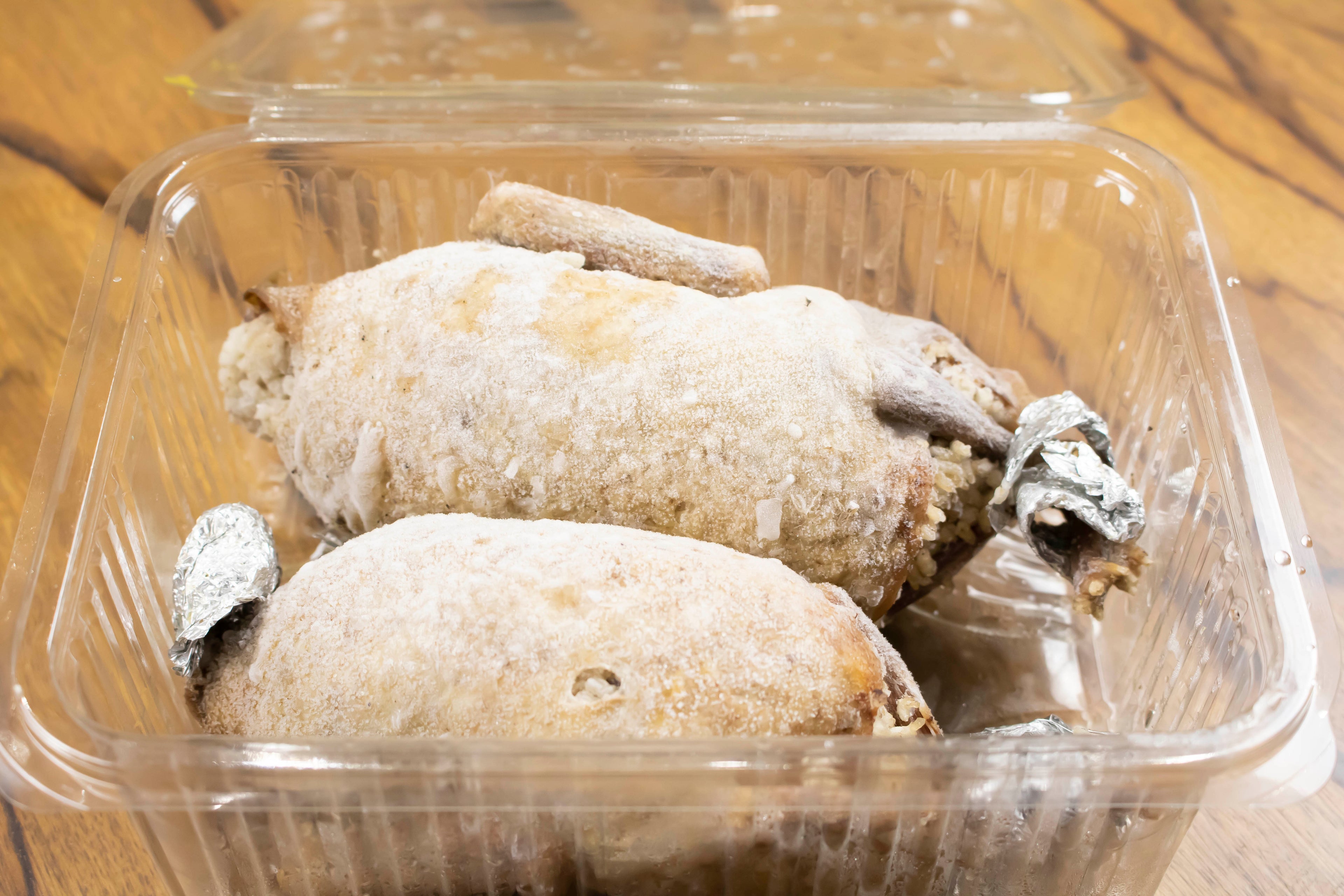 2 Stuffed Pigeons Ready for Browning with Broth